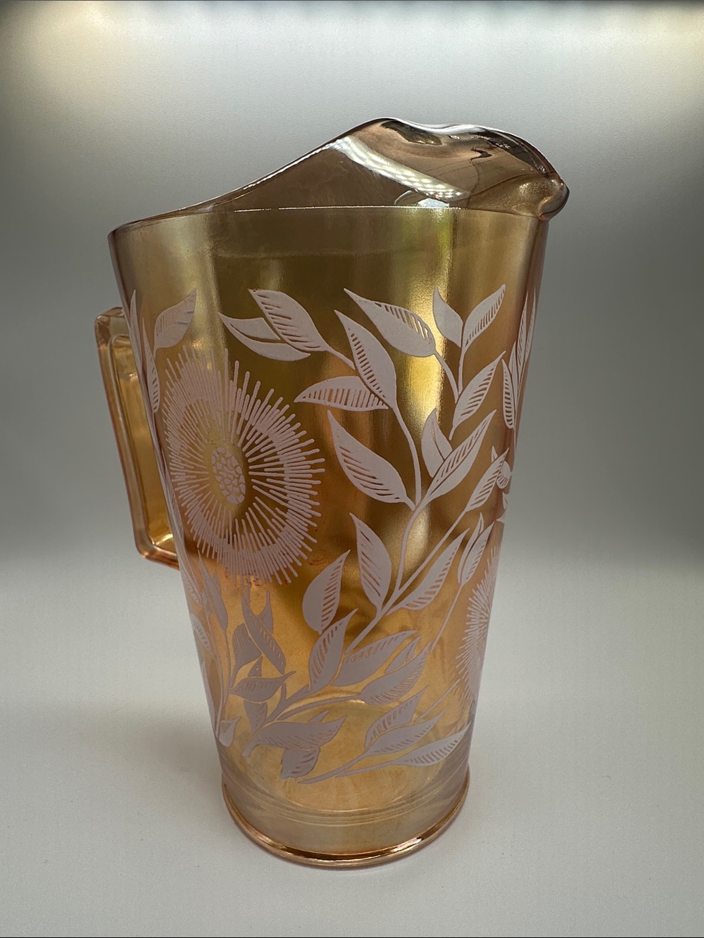 Vintage Jeanette Iridescent Marigold Carnival Glass Pitcher Floral Pattern